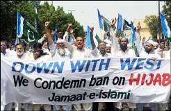 حجاب پر پابندی کیخلاف جماعت اسلامی کا مظاہرہ،اقوام متحدہ سے نوٹس لینے کا مطالبہ