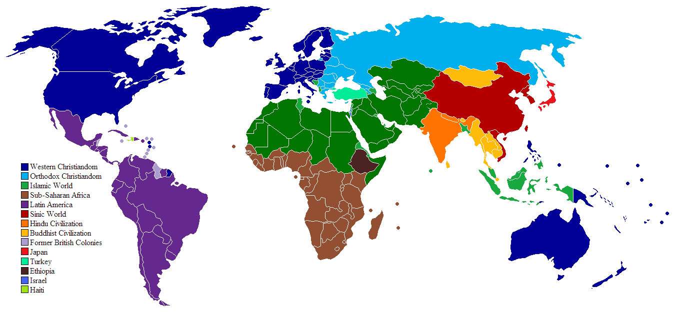 MAP OF DIFFERENT WORLD CIVILIZATIONS REFLECTING SAMUEL HUNTINGTON