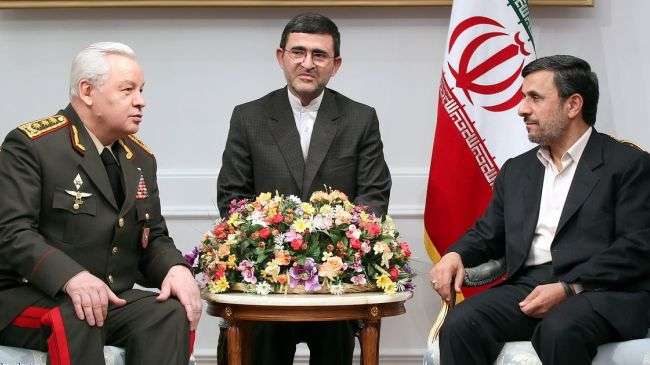 Iranian President Mahmoud Ahmadinejad (R) meets with Azerbaijani Defense Minister Safar Abiyev, Tehran, March 12, 2012.