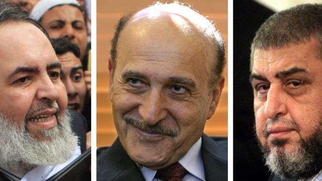 Disqualified presidential candidates Hazem Abu Ismail (L), Omar Suleiman (C) and Khairat el-Shater (R)