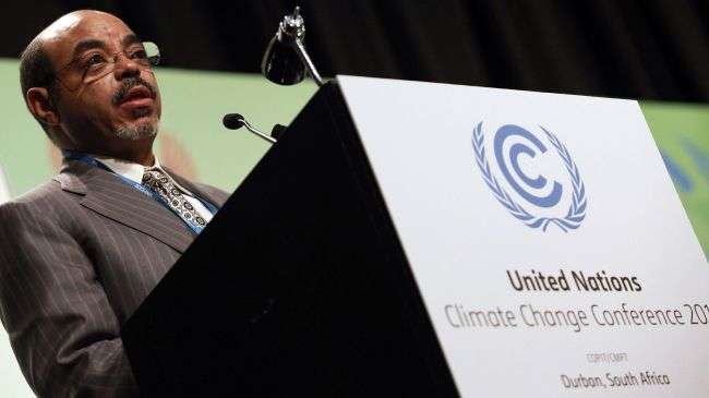 Ethiopian Prime Minister Meles Zenawi speaks at the Durban Climate Change Conference in South Africa on December 6, 2011.