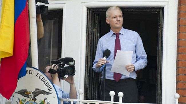 WikiLeaks founder Julian Assange giving a speech from a balcony of Ecuador’s embassy in London.