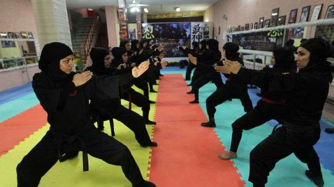 Iranian female Ninjas demonstrating their skills during a showcase for the media, March 15, 2012.