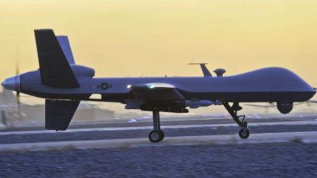 A US MQ-9 Reaper drone taxis at Kandahar airfield in Afghanistan.