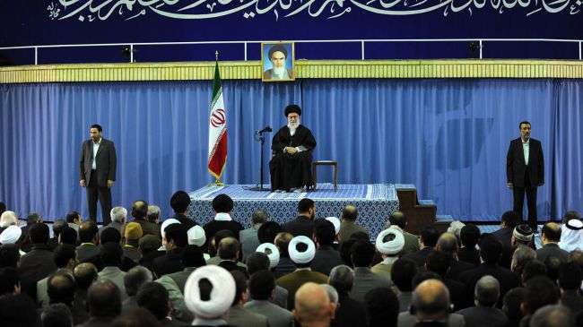 Leader of the Islamic Revolution Ayatollah Seyyed Ali Khamenei speaks at a meeting with participants in the International Conference of Muslim University Professors and Islamic Awakening in Tehran on December 11, 2012.