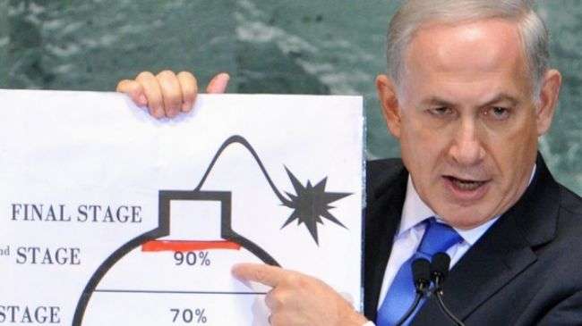 Israeli Prime Minister Benjamin Netanyahu repeats Tel Aviv’s allegations against the Iranian nuclear energy program at the UN General Assembly meeting on September 27, 2012.