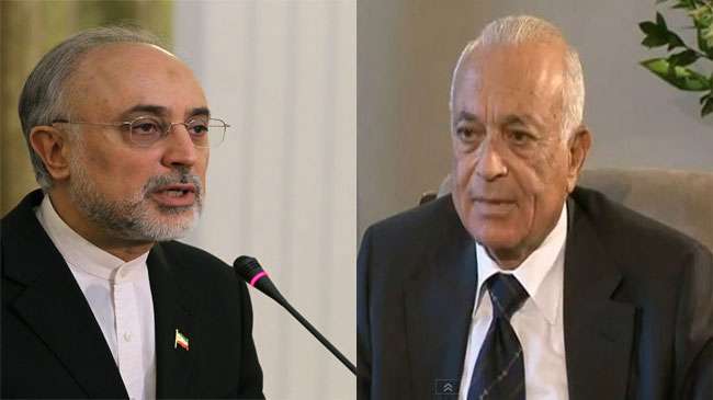 Iran’s Foreign Minister Ali Akbar Salehi (L) and Arab League Secretary General Nabil al-Arabi