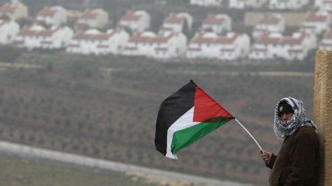 A Palestinian man waves the national flag near an Israeli settlement in the occupied West Bank.