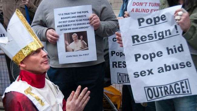 The scene of a protest against Pope Benedict XVI following his involvement in the cover up of child abuse by Catholic priests.