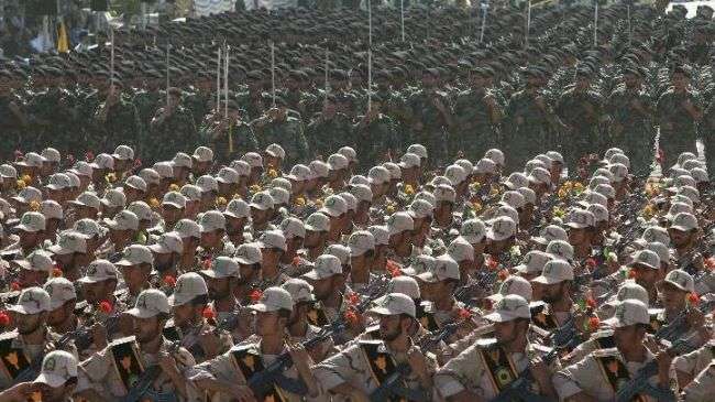 A file photo shows a parade of Iran’s Islamic Revolution Guards Corps (IRGC) forces in southern Tehran.