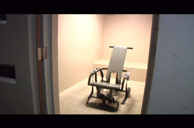 A [force-]“feeding chair” at US Guantanamo military prison’s psychiatric ward, called the Behavioral Medical Unit (taken from a military handout video dated April 10, 2013).