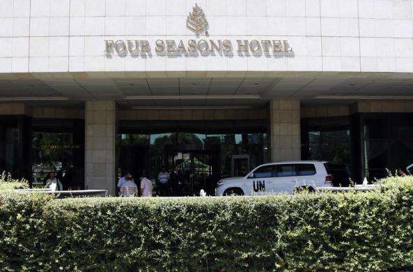 A view of the entrance of Four Seasons Hotel in downtown Damascus where United Nations chemical weapons inspectors are staying August 24 2013.