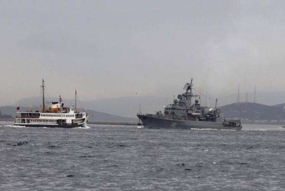 A Ukrainian Navy ship sets sail in the Bosphorus on its way to the Black Sea in Istanbul March 4 2014.
