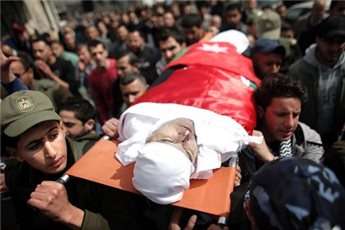 Palestinians carry the body of Raed Zeiter during his funeral in the West Bank city of Nablus, on March 11