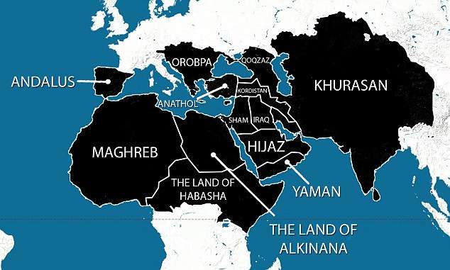 Caliphate: A map purportedly showing the areas ISIS plans to have under its control within five years has been widely shared online