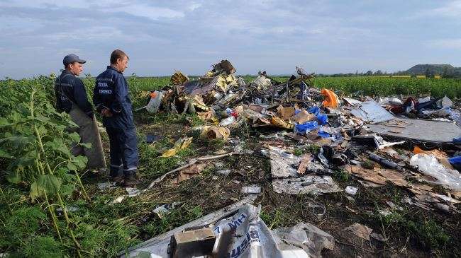 Employees of the Ukrainian State Emergency Service look at the wreckage of Malaysia Airlines flight MH17 two days after it crashed in a sunflower field near the village of Rassipnoe, in east Ukraine, on July 19, 2014.