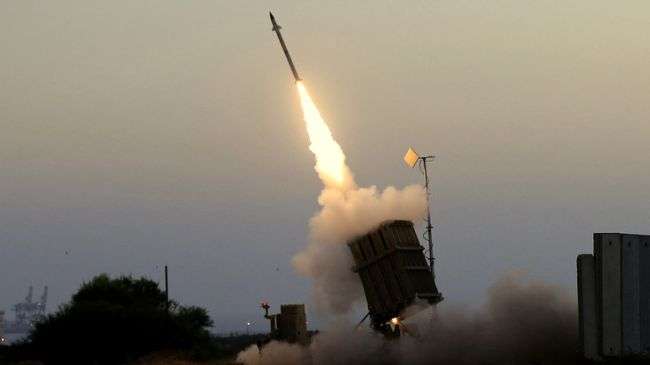 A missile is being launched from the Israeli Iron Dome missile system.