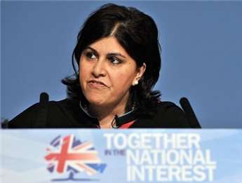 Chairman of the Conservative Party, Sayeeda Warsi delivers a speech during the first day of the Conservative conference at the International Convention Centre in Birmingham, central England, on October 3, 2010.