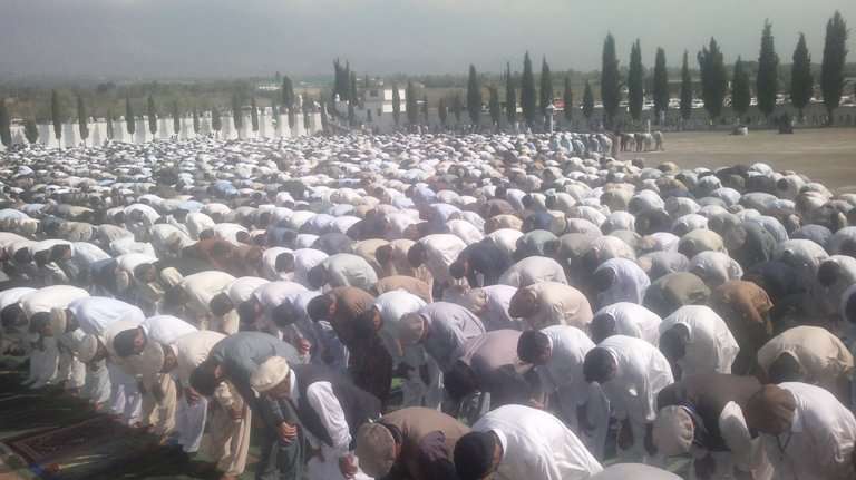 پاراچنار، مرکزی عیدگاہ میں مولانا عارف حسین جعفری کی اقتداء میں نماز عیدالاضحٰی ادا کی جا رہی ہے