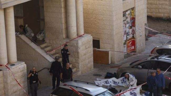 The photo shows the site of an attack at an Israeli synagogue on November 18, 2014.