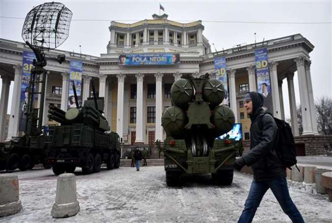 A Russian surface-to-air missile defense system S-300 is displayed on Suvorovskaya square in the capital city of Moscow on December 8, 2014.