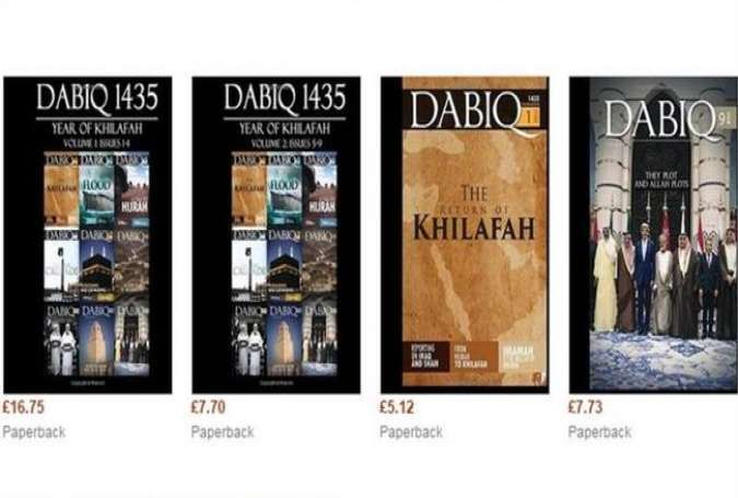 Four different volumes of the ISIL’s propaganda magazine, Dabiq, are available to buy on the website of online retailer Amazon.