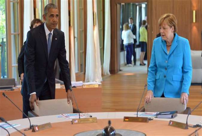 President Obama and German Chancellor Angela Merkel prepare for a meeting in Germany.