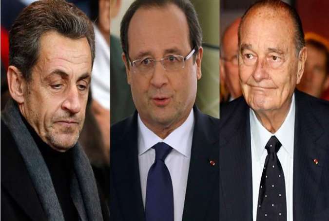 French President Francois Hollande (center) and former French Presidents Jacques Chirac (right) and Nicolas Sarkozy (left).