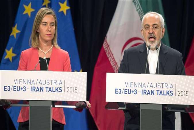(L-R) High Representative of the European Union for Foreign Affairs and Security Policy Federica Mogherini and Iranian Foreign Minister Mohammad Javad Zarif attend a final press conference of Iran nuclear talks in Vienna, Austria on July 14, 2015.
