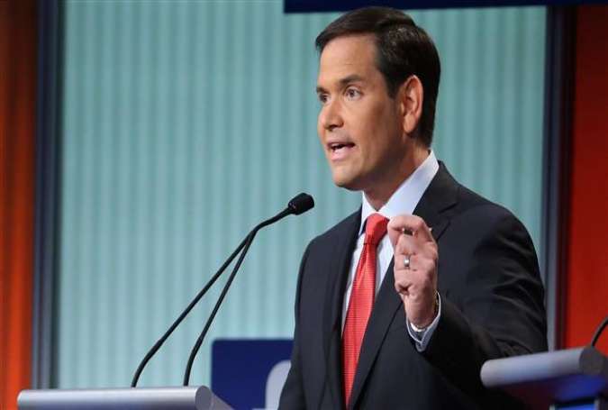 Republican US presidential candidate Sen. Marco Rubio participates in the first presidential debate hosted by FOX News and Facebook at the Quicken Loans Arena August 6, 2015 in Cleveland, Ohio.
