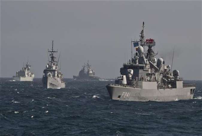 Warships of the NATO Standing Maritime Group-2 take part in a military drill on the Black Sea on March 16, 2015.