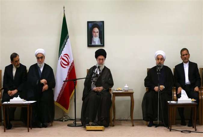 Leader of the Islamic Revolution Ayatollah Seyyed Ali Khamenei receives President Hassan Rouhani (2nd R) and Cabinet ministers in Tehran, August 26, 2015.‬