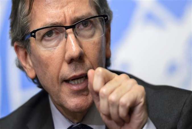 The United Nations (UN)’s special envoy to Libya Bernardino Leon gestures during a press conference at the opening of Libya peace talks at the UN headquarters in Geneva, August 11, 2015.