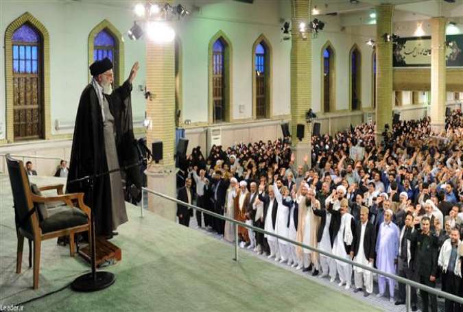 Leader of the Islamic Revolution Ayatollah Seyyed Ali Khamenei meets with a group of Iranian people in the Iranian capital city of Tehran, September 9, 2015.