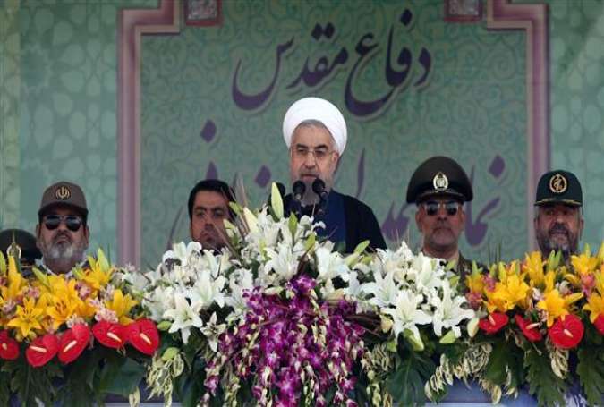 Iranian President Hassan Rouhani is delivering a speech on the occasion of the beginning of the Sacred Defense Week, in the capital, Tehran, September 22, 2015.