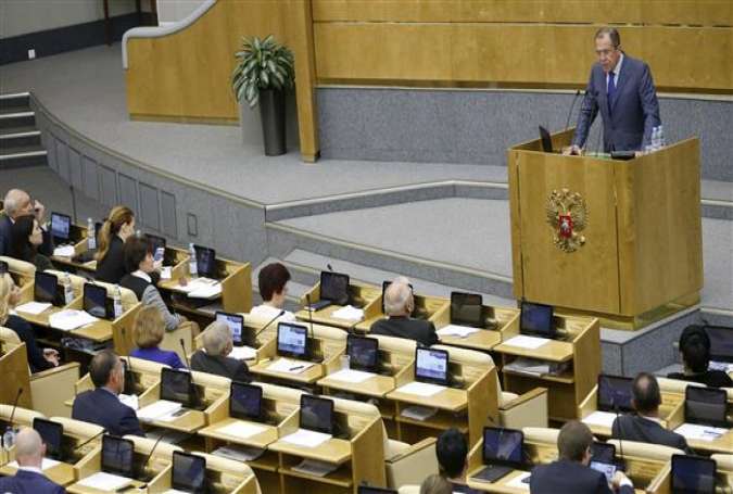 Russian Foreign Minister Sergei Lavrov delivers a speech during a session of the State Duma, the lower house of parliament, in Moscow, Russia, October 14, 2015.