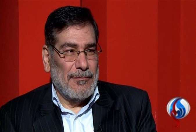 The screen grab shows Iran’s SNSC Secretary Ali Shamkhani speaking during an interview with Iran