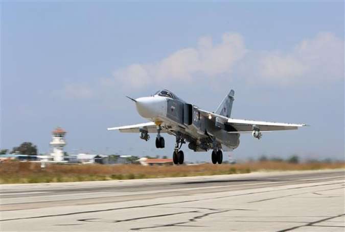 A Russian Sukhoi Su-24 bomber taking off from the Hmeimim airbase in the Syrian province of Latakia.