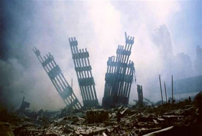 The remains of the World Trade Center stands amid the debris following the terrorist attack on the building in New York, Sept. 11, 2001.