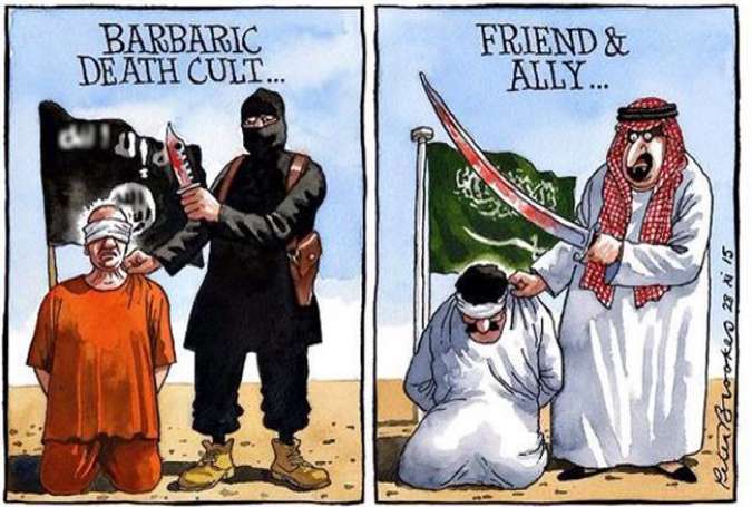 A cartoon by Peter Brookes, compares Saudi executions to beheadings carried out by the Daesh Takfiri terrorists