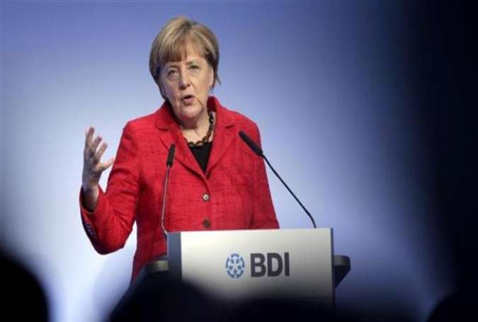 German Chancellor Angela Merkel delivers a speech during a reception of the Federation of German Industries (BDI) in Berlin, November 3, 2015.