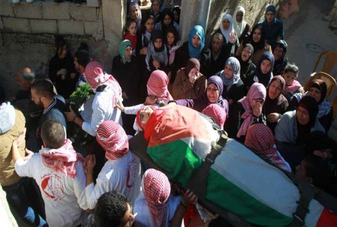 The body of 19 year-old Palestinian Malik Akram Shahin who was killed by Israeli security forces, is carried during his funeral procession in the Dheisheh refugee camp near the West Bank town of Bethlehem on December 8, 2015.