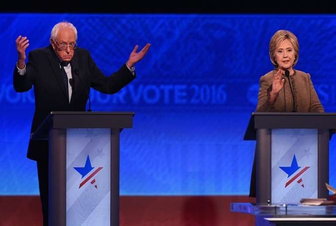 Democratic presidential hopefuls Hillary Clinton and Bernie Sanders disagree during the Democratic presidential debate last week in New Hampshire.