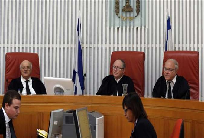 Israeli High Court judges are seen prior to the start of a court hearing