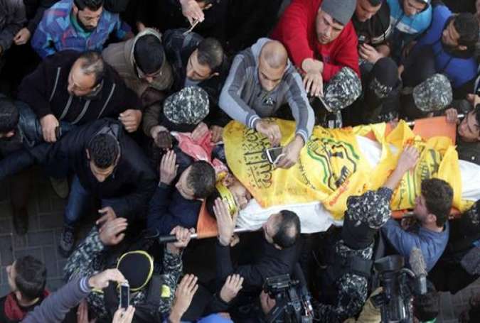 Palestinians carry the body of Musa Abu Zuaiter, killed in an Israeli airstrike on the Gaza Strip, during his funeral in the Jabalia refugee camp, Jan. 13, 2016.