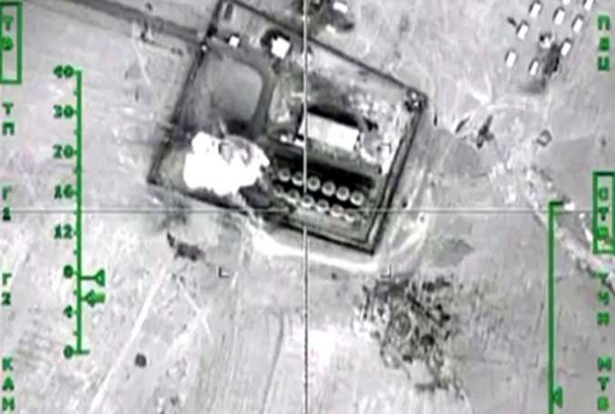 A still from the Russian airstrikes on a Daesh oil storage facility in Syria shown as those of the US-led coalition in a PBS NewsHour program broadcast on November 19, 2015