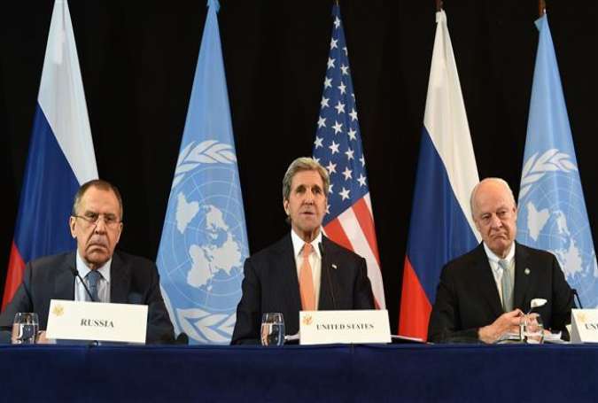 (L-R) Russian Foreign Minister Sergei Lavrov, US Secretary of State John Kerry and UN Special Envoy for Syria Staffan de Mistura follow a news conference after the International Syria Support Group (ISSG) meeting in Munich, Germany, on February 12, 2016.