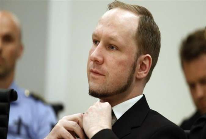 The picture, taken on August 24, 2012, shows mass murderer Anders Behring Breivik in a court room at the Oslo District Court, Norway.