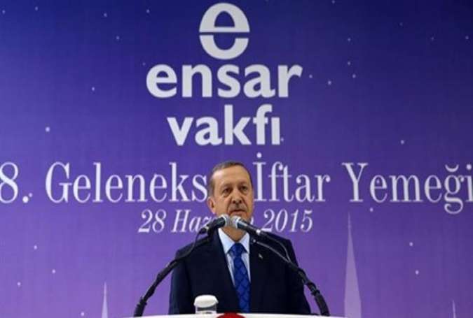 Turkish President Recep Tayyip Erdogan speaks during a ceremony at the Ensar Foundation in the city of Istanbul.