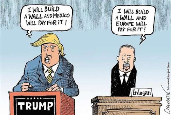 A political cartoon comparing Donald Trump’s proposal to build a wall across the US border with Mexico and Turkey’s deal with the EU to stem the flow of refugees entering Europe for a hefty sum of money.